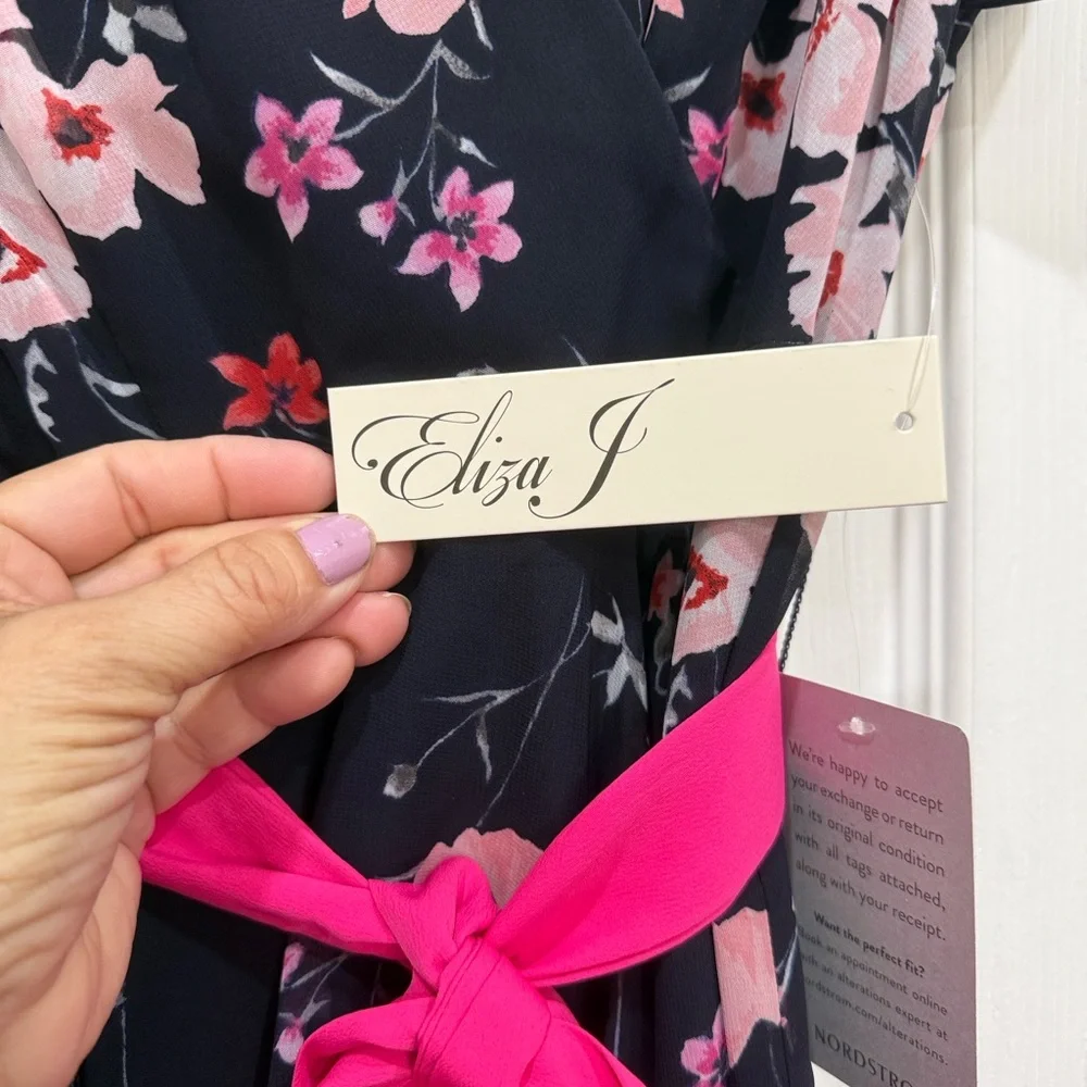 Eliza J NWT Navy and Pink Floral High-Low Maxi Dress with pink sash size 6 - Picture 5 of 14